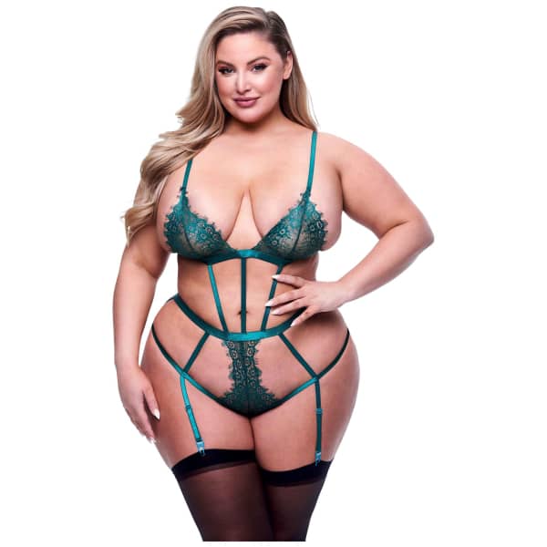 Sexy Strappy Lace Teddy With Garters Green Queen