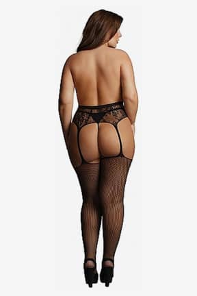 Dessous Le Désir Fishnet and Lace Garterbelt Stockings OSX - Bodystocking