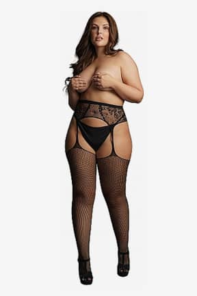 Dessous Le Désir Fishnet and Lace Garterbelt Stockings OSX - Bodystocking