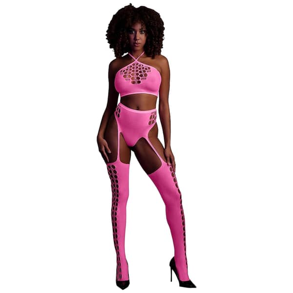 Glow In The Dark Two Piece With Crop Top And Stockings Pink OS
