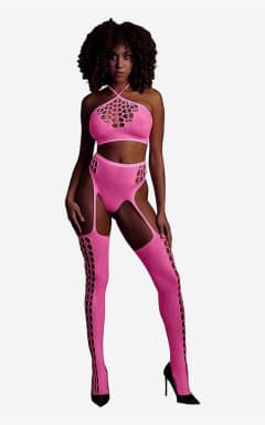 Dessous Glow In The Dark Two Piece With Crop Top And Stockings Pink