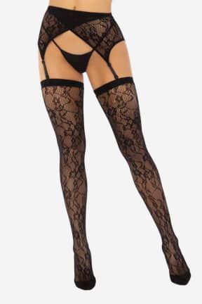 Dessous Lace Thigh Tighs And Garterbelt Black - Strumpfhalter, inklusive halterlose Strümpfe aus sexy Netzstoff