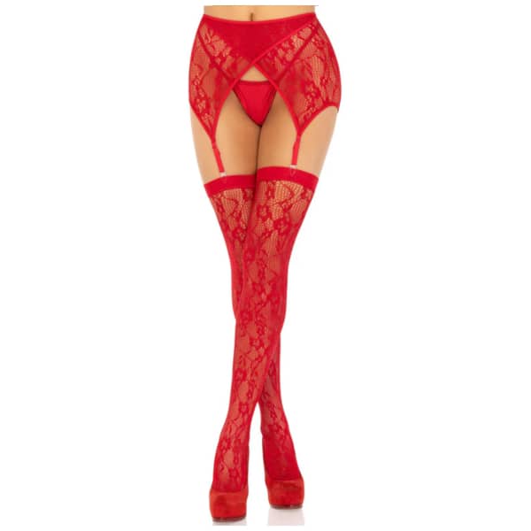 Lace Thigh Tighs And Garterbelt Red