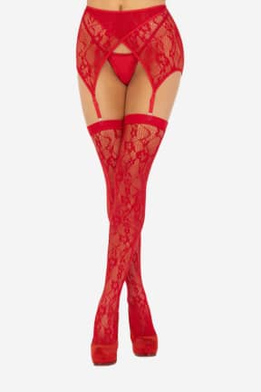 Dessous Lace Thigh Tighs And Garterbelt Red - Tights