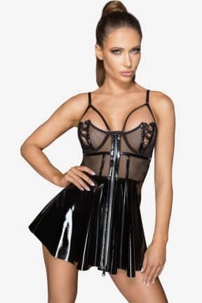 Dessous Noir Vinyl Mini Dress Black - Hochglanz-Vinyl schmiegt sich eng an und setzt Dich sofort verführerisch in Szene. Zwei-Wege-Zipper vorn: spiel mit dem Reveal, so weit Du willst.
