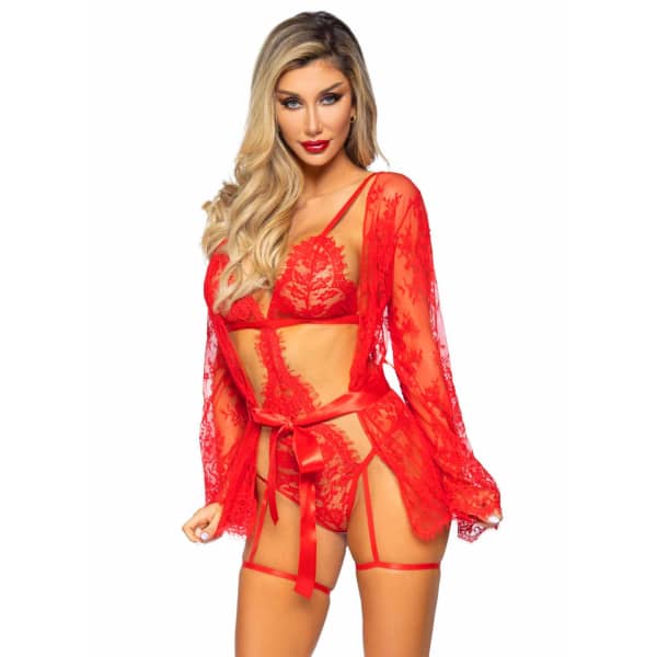 Leg Avenue - Garter Teddy with String Back and Robe Red S