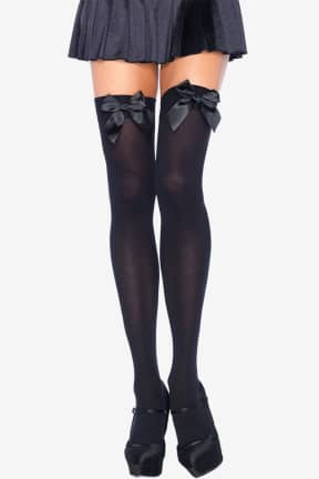 Dessous Leg Avenue - Nylon Thigh Highs with Bow - Samtig weiche, blickdichte Overknees schmiegen sich an und geben Dir sexy Komfort. Verspielte Satin-Schleifen setzen den süßen Wow-Akzent für jedes Outfit.