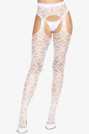 Dessous Leg Avenue - Heart Net Suspender Hose White - Herz-Netz und frecher Straps-Look in einem - sitzt weich, dehnbar und atmungsaktiv am Bein.  
Der crotchless Schnitt macht’s spannend, die verstärkte Spitze hält länger durch.