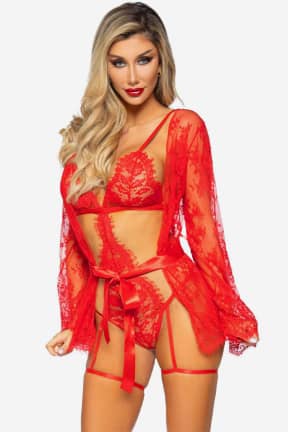 Dessous Leg Avenue - Garter Teddy with String Back and Robe Red - Transparente Wimpernspitze mit Strapsen macht Dich sofort unwiderstehlich und selbstbewusst. Mit Teddy solo oder kurzem Morgenmantel wechselst Du den Look in Sekunden.